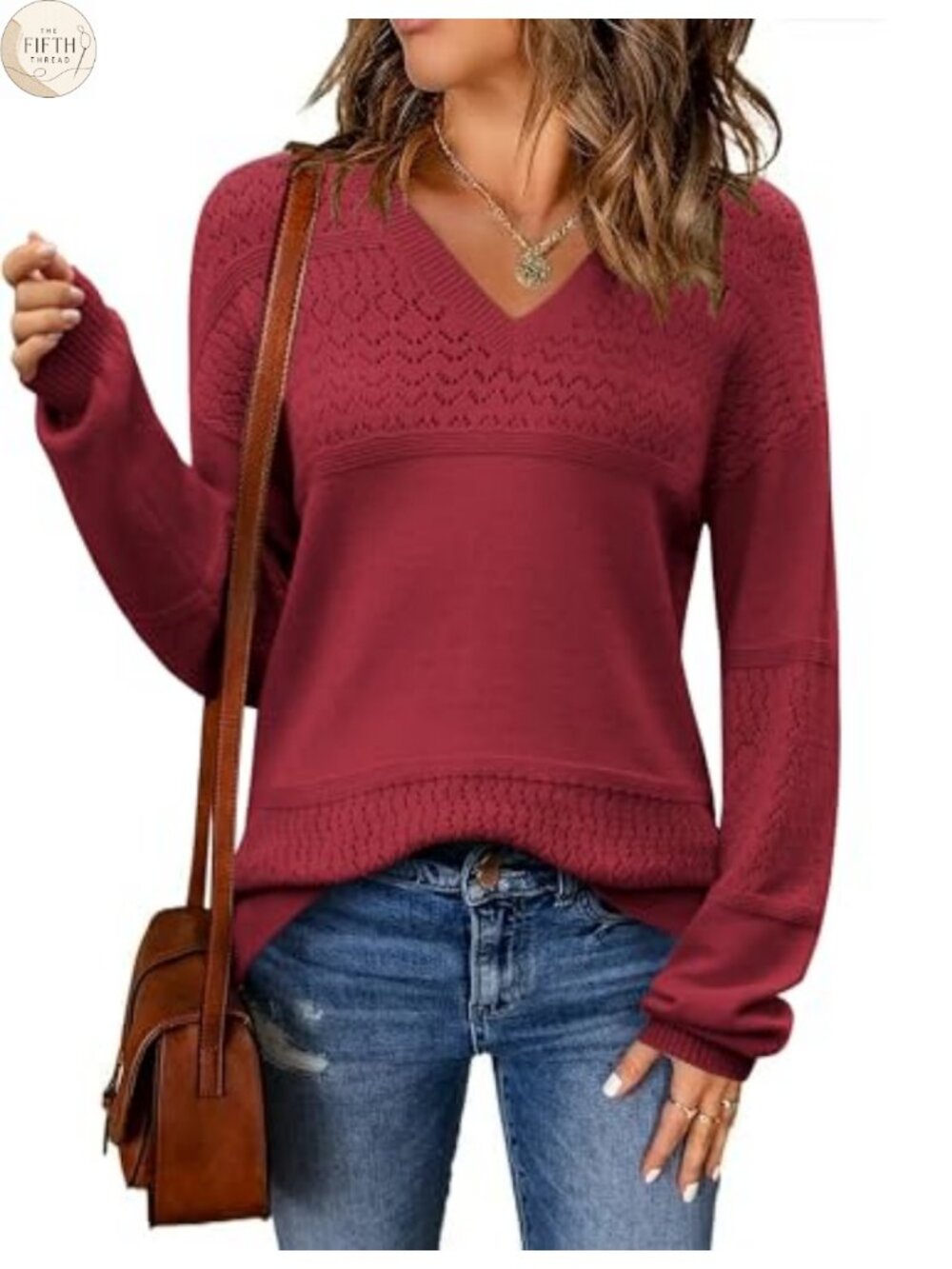 Zeagoo V Neck Crochet Knit Pullover Sweater Lantern Sleeve Women's Loose Top